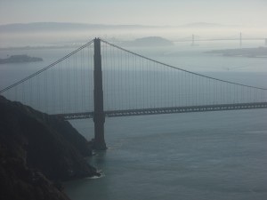 The Golden Gate Bridge, in the foreground; the Bay Bridge, in the background.