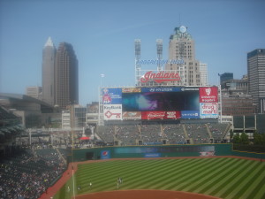 Progressive Field, with downtown Cleveland in the background, May 18, 2014.