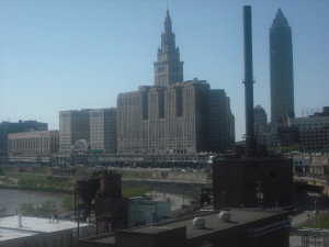 Terminal Tower (the leftmost of the two tall buildings here) dominates this view of downtown Cleveland.