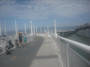 The family-friendly Bay Bridge bike/pedestrian path. Baby strollers and dogs are not uncommon sights either.