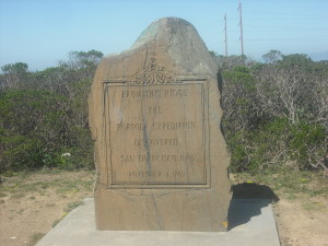 The inscription on this monument reads: "From this ridge the Portola Exhibition discovered San Francisco Bay November 4, 1969" 