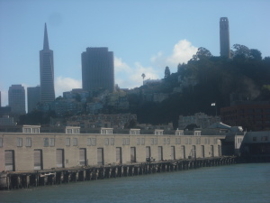 The view of Russian Hill, with Coit Tower to the right, as the boat pulls out of Fisherman's Wharf on the way to Alcatraz.