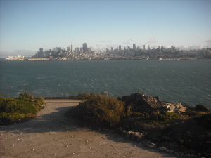 The San Francisco skyline, as seen from Alcatraz Island.