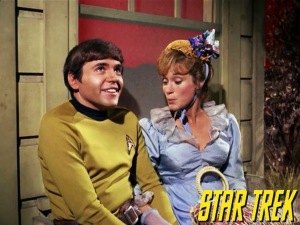 Bonnie Beecher with Ensign Chekov (played by Walter Koenig) in the Star Trek episode "The Spectre of the Gun."