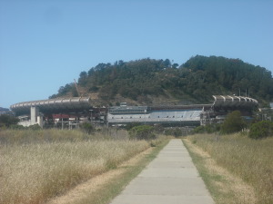 Candlestick Park on April 12, 2015, its demolition partly underway.