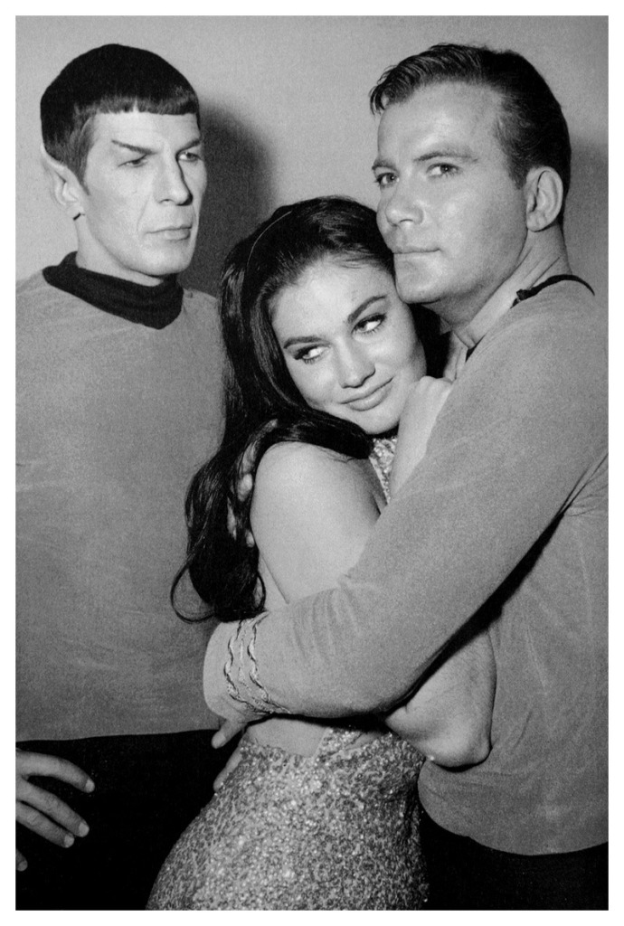 Maggie Thrett with Spock and Captain Kirk on the set of Mudd's Women.