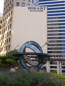The sundial on top of the Crocker Galleria.
