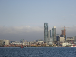 Views of the San Francisco skyline as you leave the city on the ferry to Bay Farm Island.