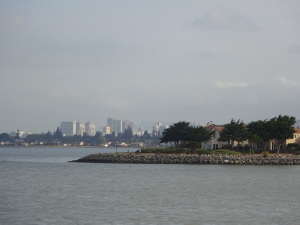 Bay Farm Island, with the San Francisco skyline in the background.