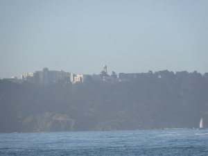 You can see the Land's End trail of San Francisco from the beach, overlooked by the V.A. Hospital.