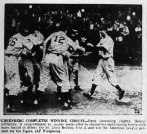 Hank Greenberg crosses the plate after his pennant-winning grand slam in 1945.