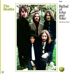 Yoko almost seems like a fifth member of the group in the picture sleeve for "The Ballad of John and Yoko."