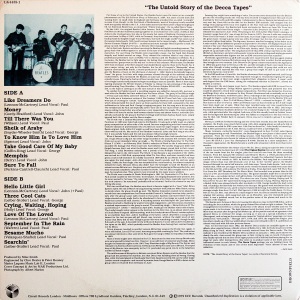 The back cover of the first bootleg to feature all 15 songs from the Beatles' Decca audition had fictional liner notes recapping what might have happened had the Beatles signed to Decca and released material on the label.