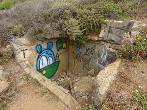 Strange graffiti on strange shelter-like pit on the trail.