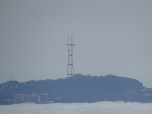 Sutro Tower in San Francisco, seen from the Coastal Trail, with the bay blanketed in fog.